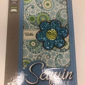 Sequin Bible with Blue Flower Design